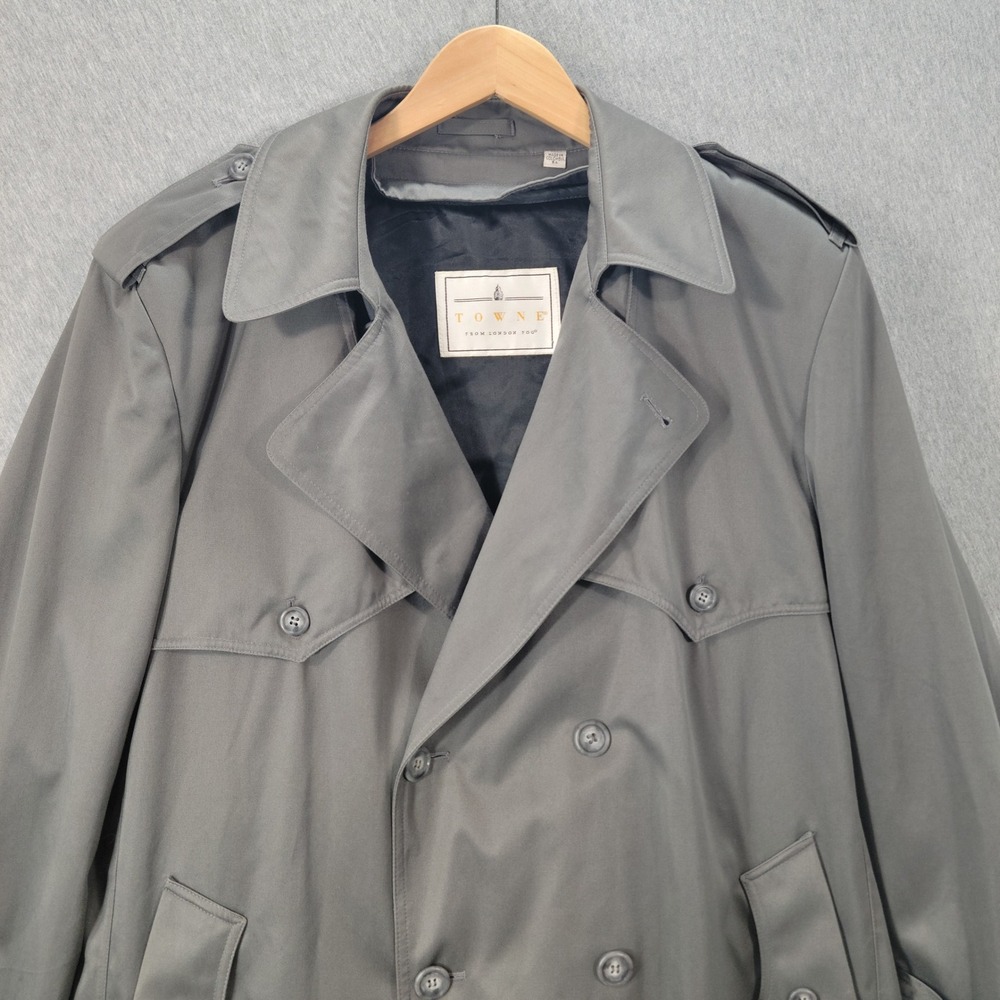 Vintage Towne London Fog Trench Coat Men 44 Gray Double Breasted Dark Academia - Picture 4 of 16